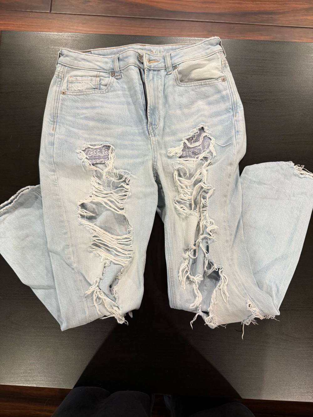 American Eagle Outfitters Light Blue Ripped Boyfriend Jeans with Patch Accents